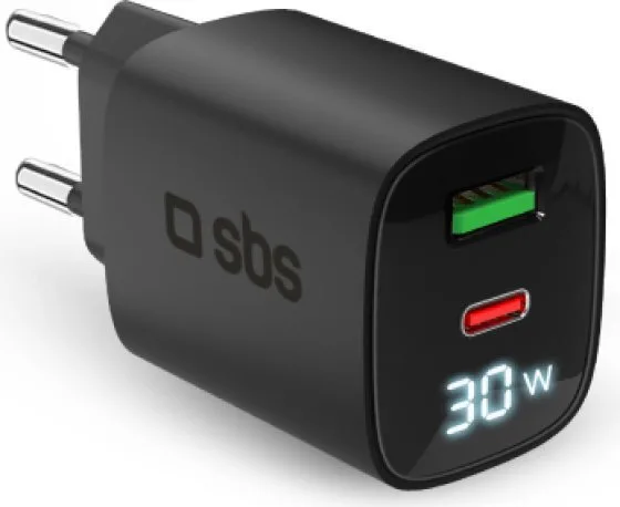 SBS Φορτιστής Χωρίς Καλώδιο GaN με Θύρα USB-A και Θύρα USB-C 30W Power Delivery Μαύρος (TETRGANLCD1USB1C30K) - Image 1