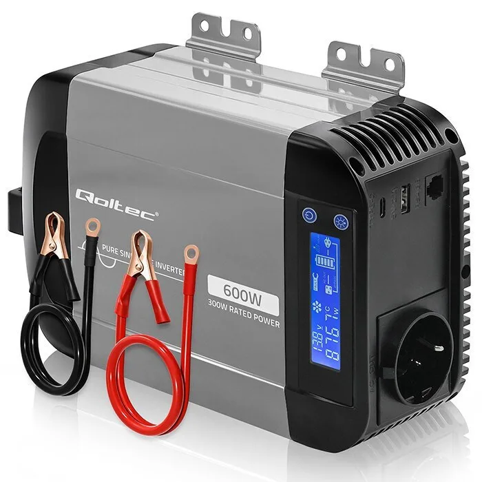 Qoltec Μετατροπέας Τάσης Pure Sine Wave 12v 230v 300/600w Lcd Usb Usb‑c Συμβατός Lifepo4 Gel Agm - Image 1