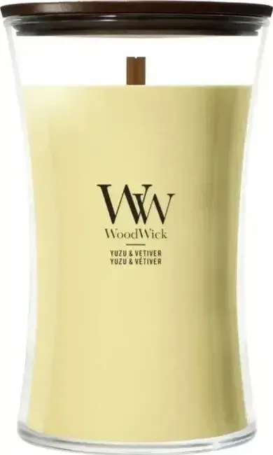 WoodWick Αρωματικό Κερί σε Βάζο με Άρωμα WoodWick Yuzu & Vetiver scented candle in a glass vessel with a wooden lid Part of WoodWick's Yuzu & Vetiver fragrance family Wax premium plant-based wax blend Wick WoodWick wooden flat wick for the 609.5gr - Image 1