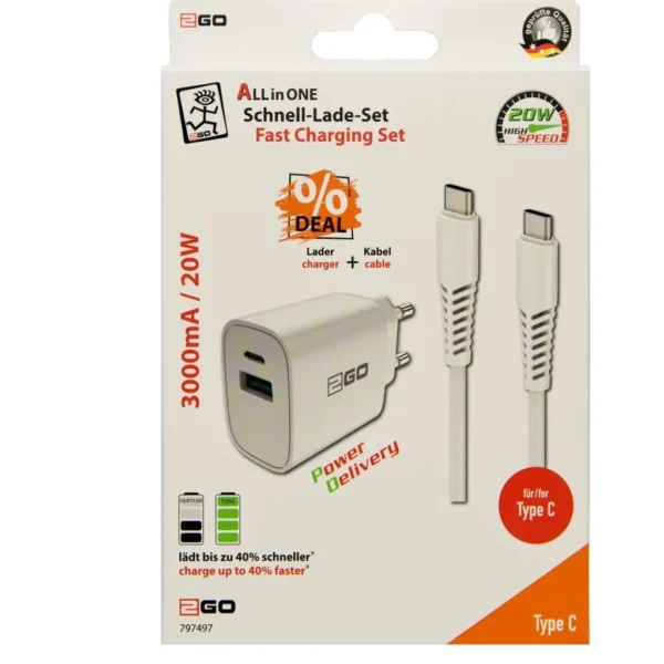 2GO Φορτιστής με Θύρα USB-A και Θύρα USB-C και Καλώδιο USB-C - USB-C 20W Power Delivery Λευκός