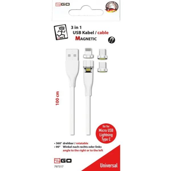 2GO Magnetic USB to Lightning / Type-C / micro USB Cable Λευκό 1m (797317)
