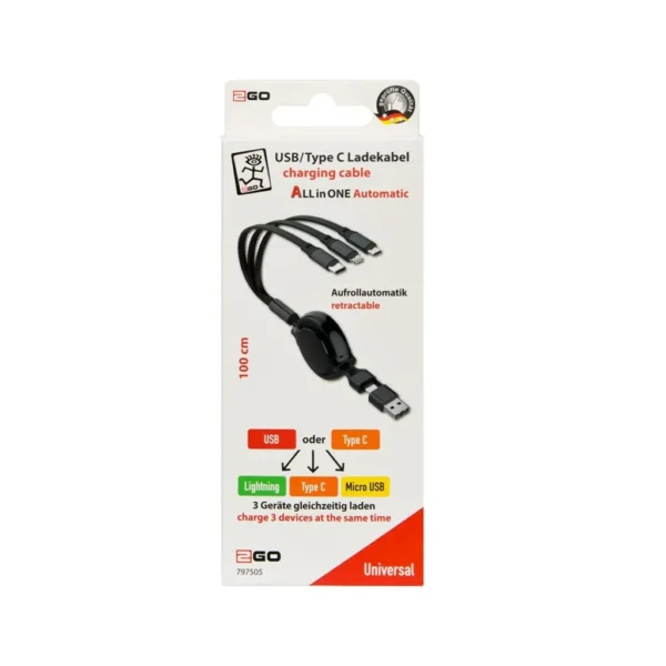2GO Retractable USB to Lightning / Type-C / micro USB Cable 1m